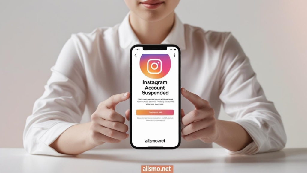 Instagram account suspended error screen on a smartphone, user looking worried, 2025 step-by-step solution, allsmo.net
