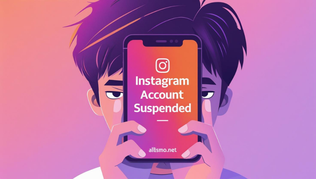 A worried user holding a phone with the “Instagram Account Suspended” screen, minimal Instagram-themed illustration, 2025 solution by allsmo.net